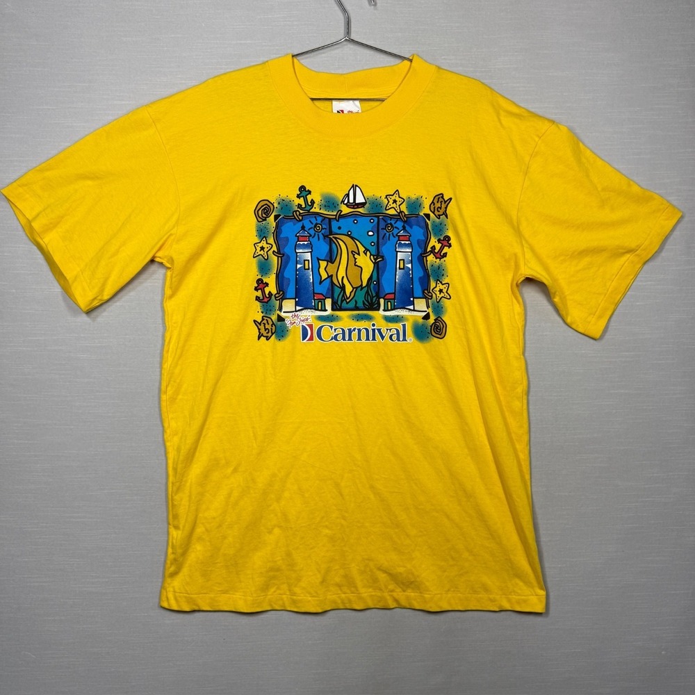 Vintage Carnival Cruise Shirt Men XXL Yellow Ship Fish Lighthouse 90s‎ READ